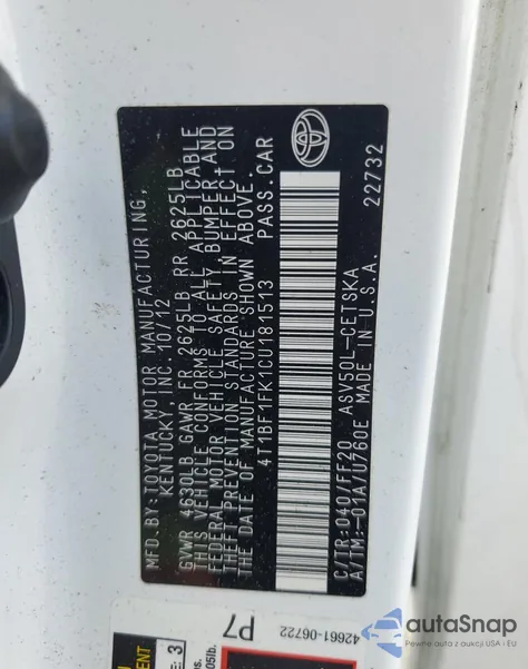 2012 Toyota Camry Base из США, поврежденный, VIN 4T1BF1FK1CU181513